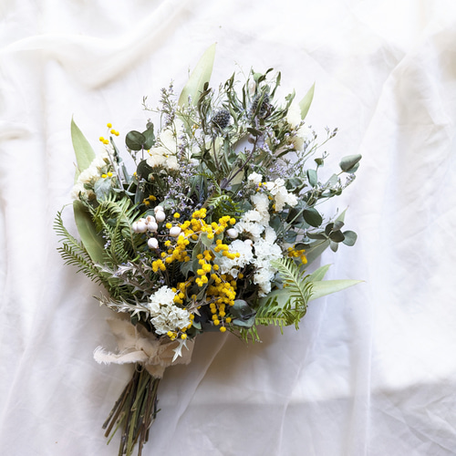 値下げ❣️春を告げるミモザのスワッグ♡♡ミニスワッグ付き✩.*˚ タイプ別ミモザの使い方】スワッグとミニ花束「茎を出した簡単