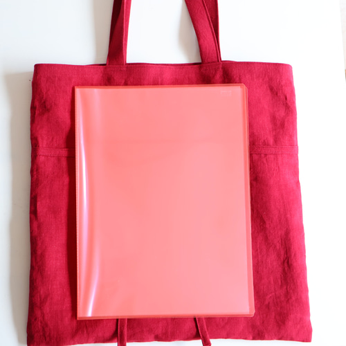 やわらかリネン リボンのスクエアトートバッグ ガーネット(大きめ