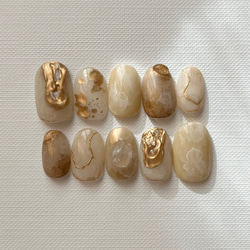 淡色天然石アイボリーホワイトブラウンインクアンティークゴールドミラーニュアンスぷっくりちゅるんうねうね韓国ネイルチップ 7枚目の画像