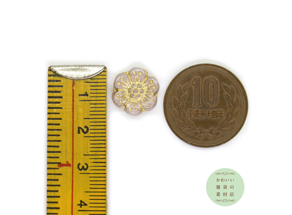 14mm チェコビーズ プレス ワイルドローズ 不透明ピンクベージュ＆ゴールド（花）3個セット #BCZ-0127 3枚目の画像