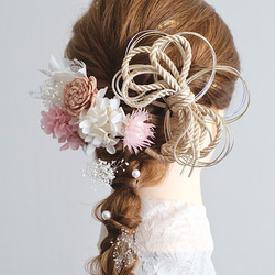 ピンクレース髪飾り　ツインテール　ドライフラワー　ヘッドドレス　髪飾り　成人式　ウェディング　和紐　ホワイト　 3枚目の画像