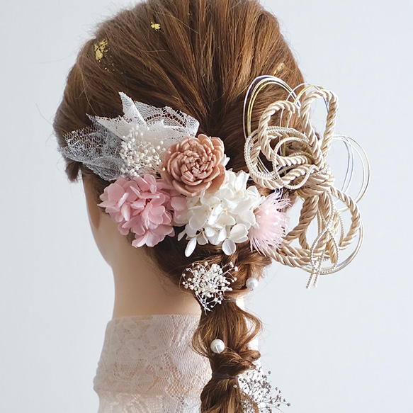 ピンクレース髪飾り　ツインテール　ドライフラワー　ヘッドドレス　髪飾り　成人式　ウェディング　和紐　ホワイト　 2枚目の画像