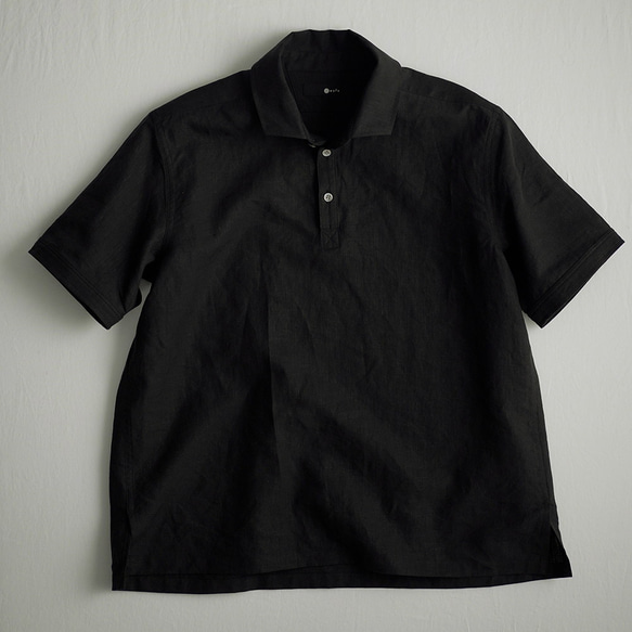 [wafu] 亞麻polo衫，超高密度亞麻/黑色 t053a-bck1★ 第8張的照片