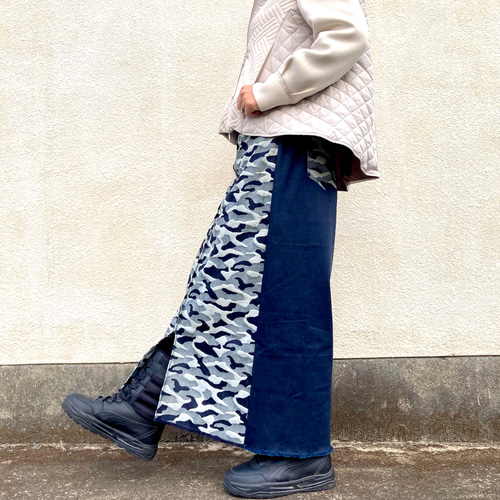 ⭐️inahomayu⭐️大人のデニムスカート 前スリット 迷彩柄 ロング