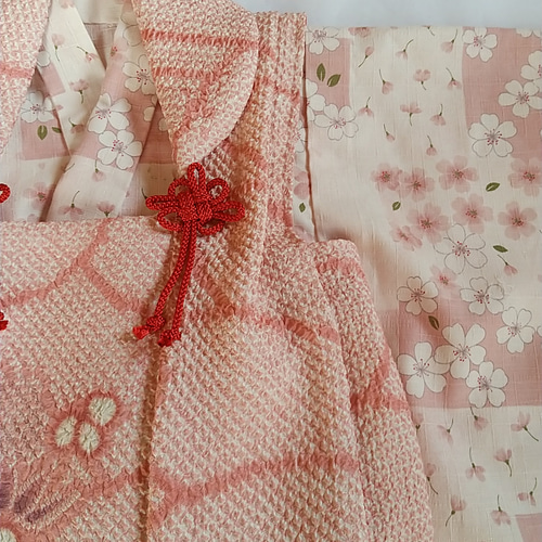 正絹絞りお被布＆巾着セット 花笹模様 薄赤ピンク 正絹絞りお被布