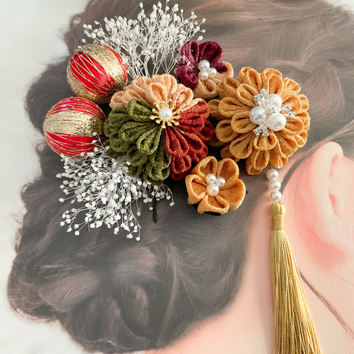 つまみ細工髪飾り 成人式 結婚式 和玉 茶 緑 赤 金 かすみ草 9点セット