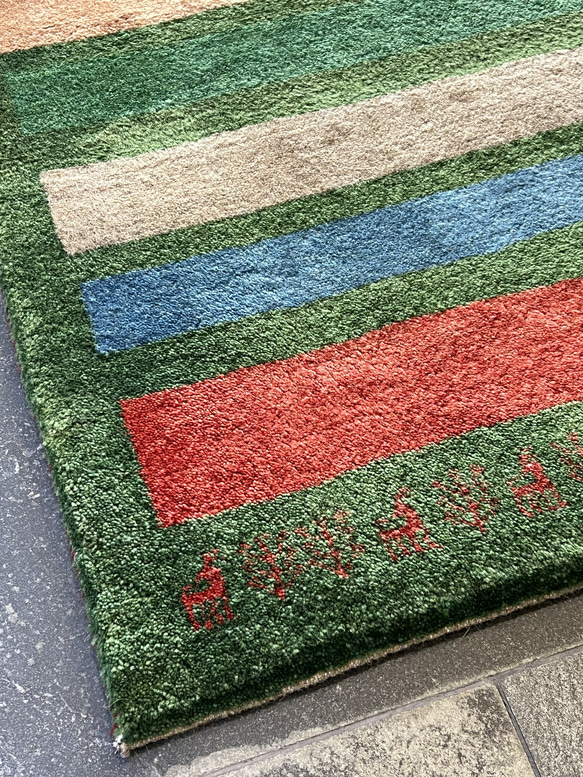 《アウトレット品》ギャッベ　イラン製　ペルシャ　玄関マット（L）グリーン　ボーダー　123×83【No.4554】 