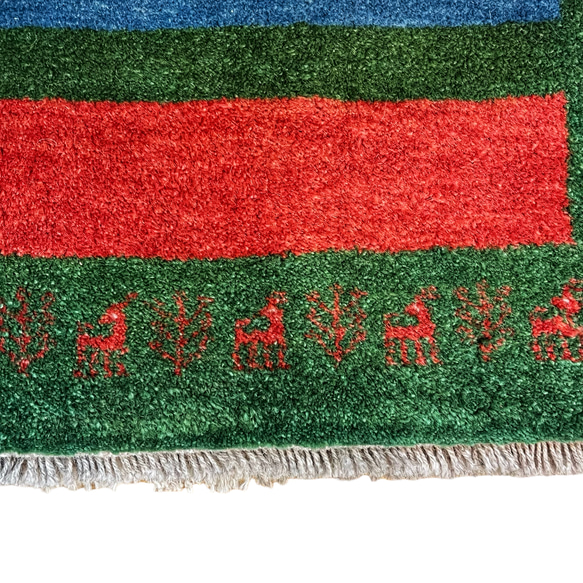 《アウトレット品》ギャッベ　イラン製　ペルシャ　玄関マット（L）グリーン　ボーダー　123×83【No.4554】 