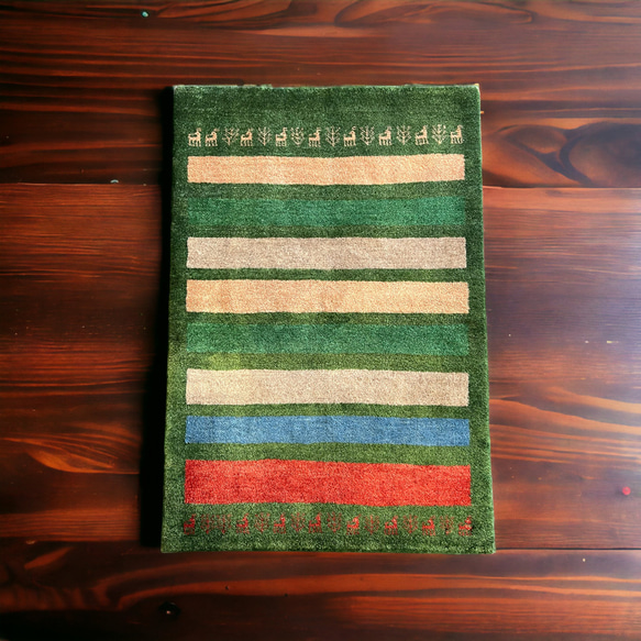 《アウトレット品》ギャッベ　イラン製　ペルシャ　玄関マット（L）グリーン　ボーダー　123×83【No.4554】 