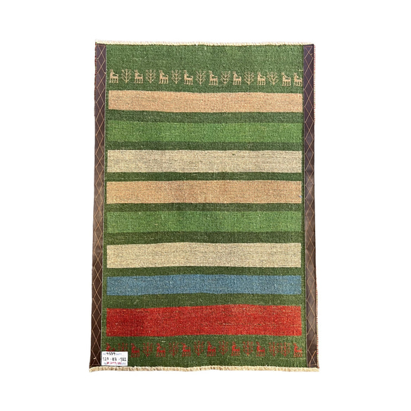 《アウトレット品》ギャッベ　イラン製　ペルシャ　玄関マット（L）グリーン　ボーダー　123×83【No.4554】 