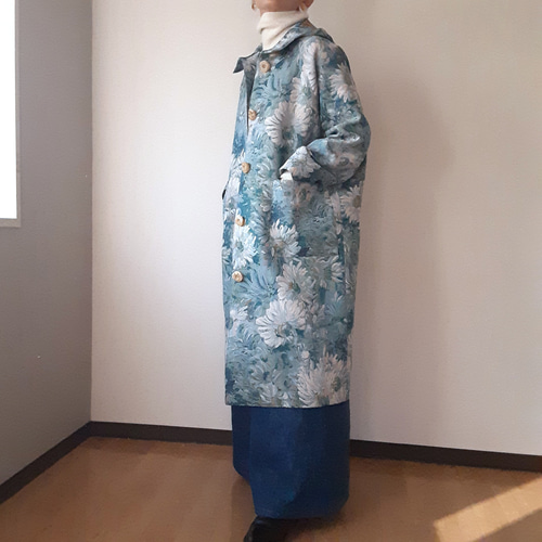 ロングコート ジャガード織りフード付き 油絵風 花柄 インポート生地  