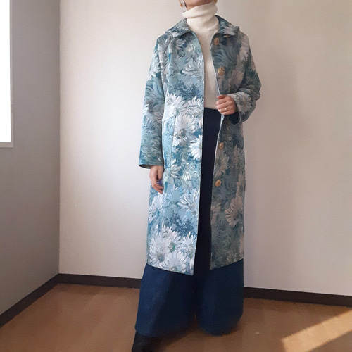 ロングコート ジャガード織りフード付き 油絵風 花柄 インポート生地