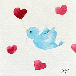 透明水彩画　2枚セット「幸せの青い鳥」ミニカード　鳥　ハート　バレンタインカード　バースデーカード　ウェディングカード 3枚目の画像