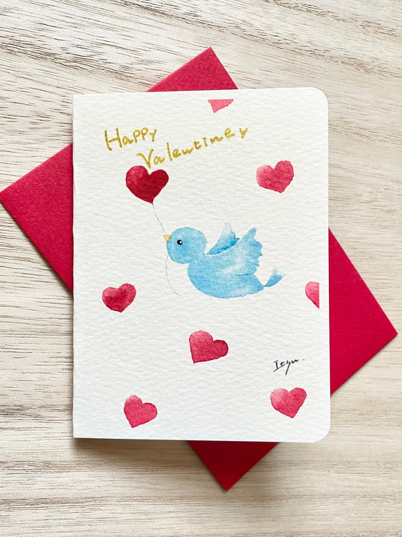 透明水彩画　2枚セット「幸せの青い鳥」ミニカード　鳥　ハート　バレンタインカード　バースデーカード　ウェディングカード 2枚目の画像