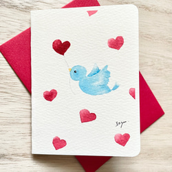 透明水彩画　2枚セット「幸せの青い鳥」ミニカード　鳥　ハート　バレンタインカード　バースデーカード　ウェディングカード 1枚目の画像