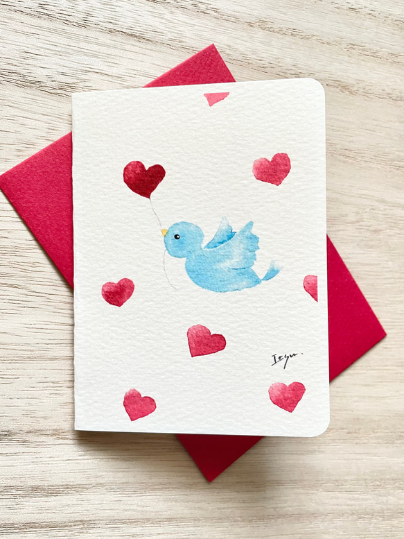 透明水彩画　2枚セット「幸せの青い鳥」ミニカード　鳥　ハート　バレンタインカード　バースデーカード　ウェディングカード 1枚目の画像
