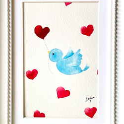 透明水彩画　A4ポスター「幸せの青い鳥」イラスト　ポスター　バレンタイン　ギフト　ナチュラルインテリア　鳥　ハート 2枚目の画像
