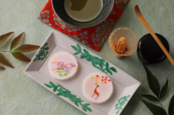 白磁緑交趾花紋長方皿　京焼　清水焼 