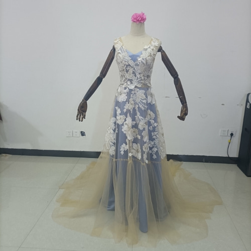 上品！ブルー Vネック キャミソール オーバードレス 花モチーフ  