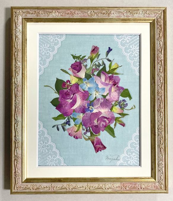 押し花絵画　押し花アート(薔薇)　ハンドメイド 押し花アート 花園のエントランス 薔薇の花 (押し花絵