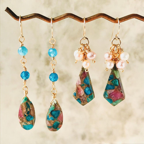 ピンクトルマリンアパタイトコッパーのドロップピアス ピアス（フック