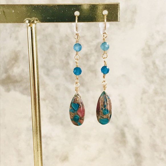 ピンクトルマリンアパタイトコッパーのドロップピアス ピアス（フック 