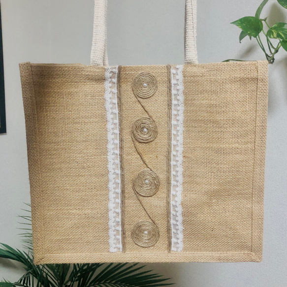 B5 無印良品の手作りジュートトートバッグ /Handmade design Muji jute bag 1枚目の画像