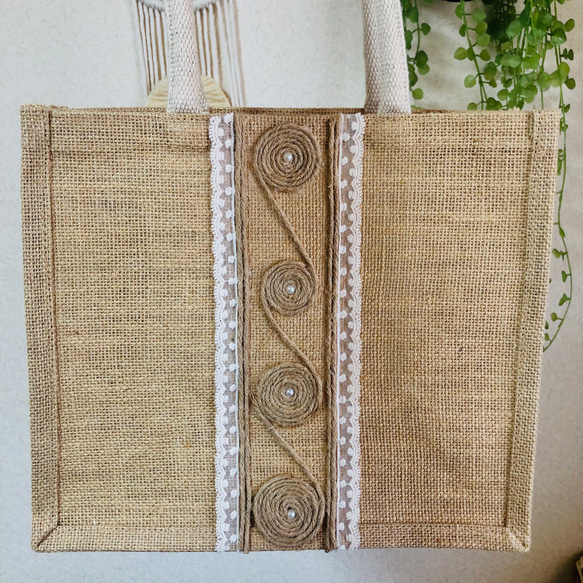 B5 無印良品の手作りジュートトートバッグ /Handmade design Muji jute bag 2枚目の画像