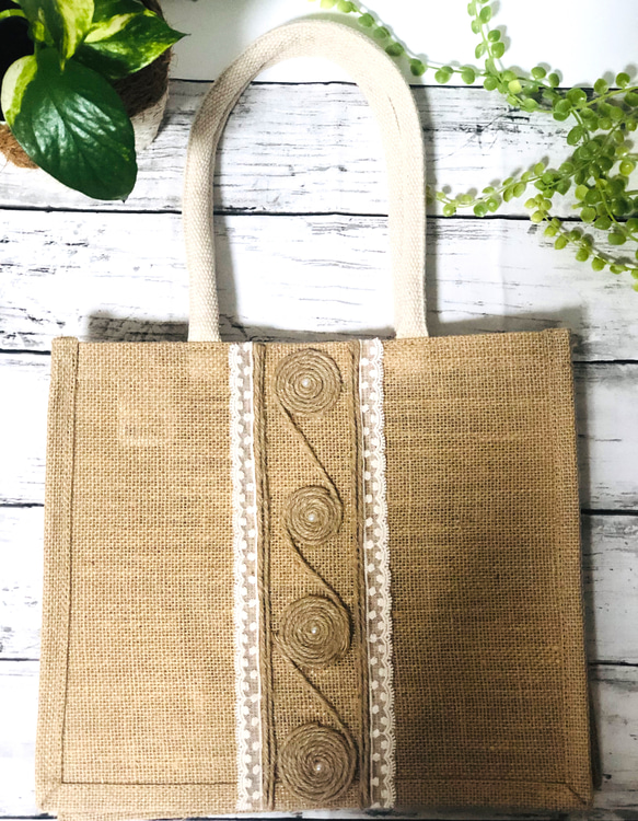 B5 無印良品の手作りジュートトートバッグ /Handmade design Muji jute bag 3枚目の画像