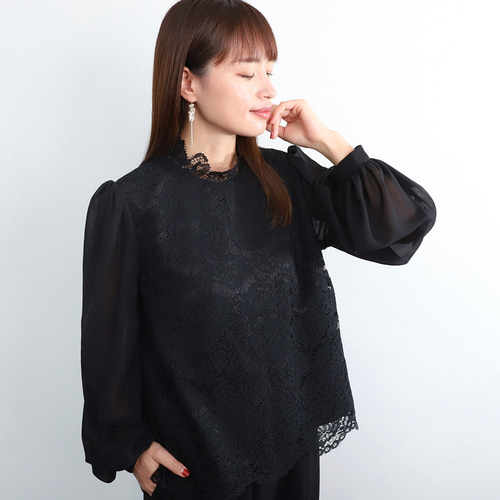 選べる3サイズ 花柄レース＋シフォン袖 ブラウス 長袖 ブラック