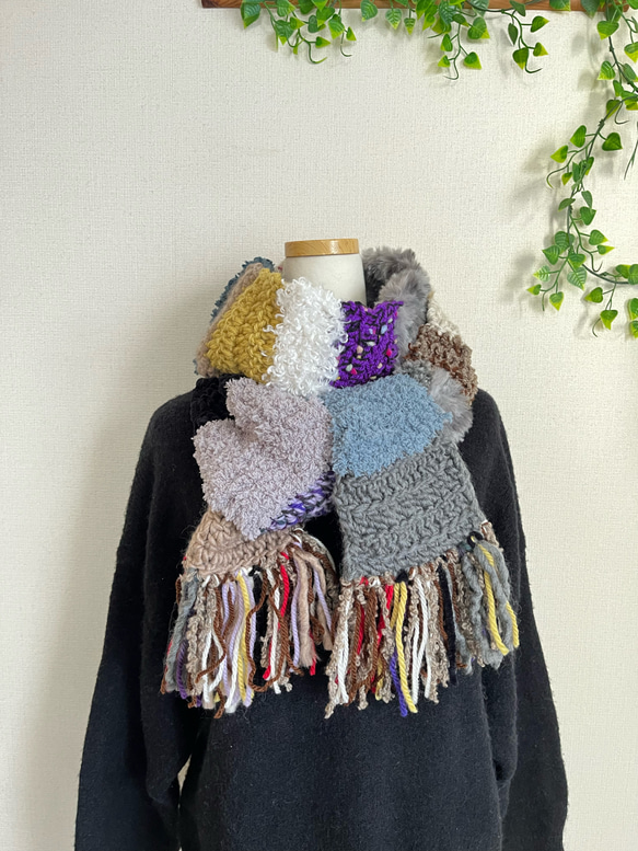 個性的カラフル毛糸のボーダー手編みロングマフラー マフラー Kym