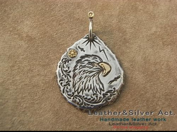 イーグル手彫り シルバー925トップ k18、4点加工 ハンドメイド