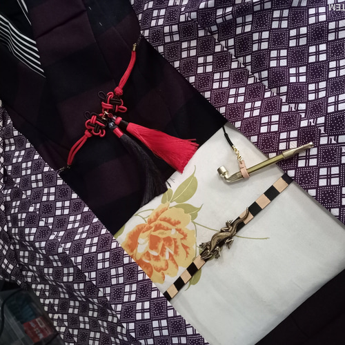 真鍮ブラス製 江戸レトロキセル/煙管根付ストラップ 着物や浴衣の帯