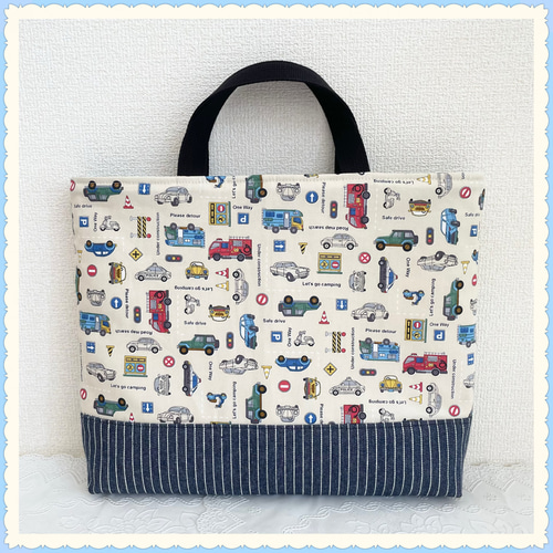 ハンドメイド レッスンバッグ 上履き入れ 車 青 のりもの 巾着 男の子