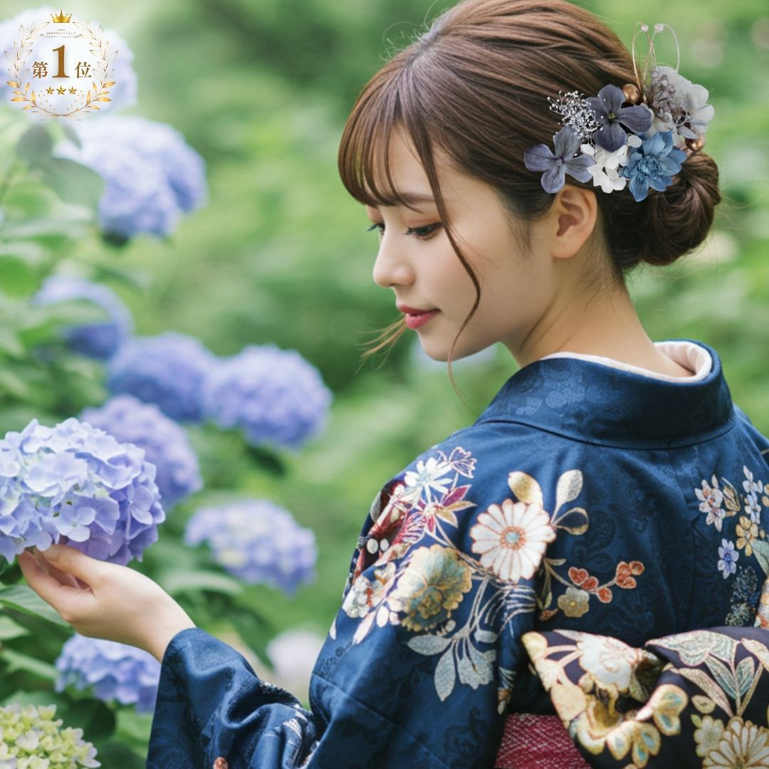 成人式 髪飾り くすみブルー×桃の花｜卒業式 袴 和装ヘア No.B001 振袖 着物 和装 花嫁 結婚式 前撮り 和モ