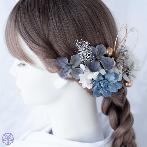 くすみブルーと桃の花の髪かざり No.B001 髪飾り 成人式 卒業式 くすみブルーと桃の花の髪かざり No.B001 髪飾り 成人式 卒業式
