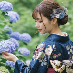 成人式 髪飾り くすみブルー×桃の花｜卒業式 袴 和装ヘア No