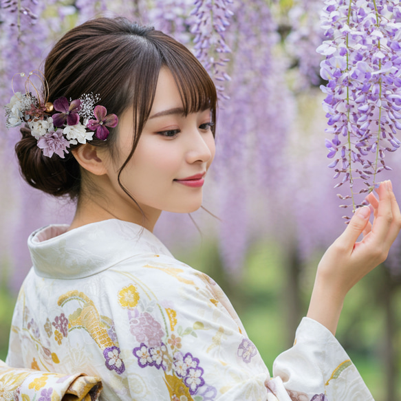 紫系フラワーと桃の花の髪かざり No.V001 髪飾り 成人式 卒業式