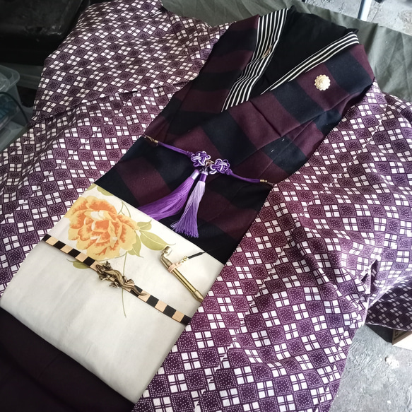紫+藤色結び羽織紐　男女両用　鎌倉時代着物や安土桃山正装着イメージ　着物や浴衣の羽織に！ 5枚目の画像