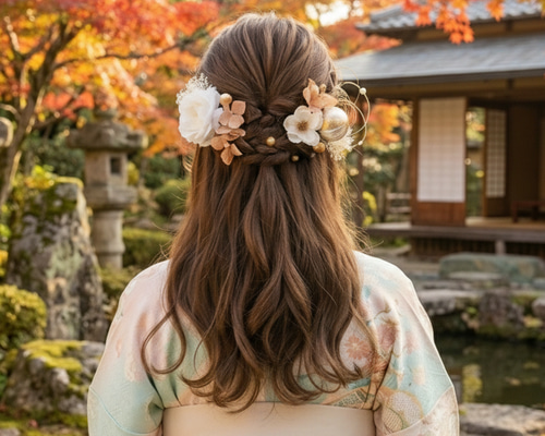 成人式 髪飾り ホワイト×シャンパンピンク｜卒業式 袴 和装ヘア No