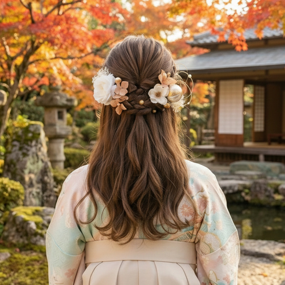成人式 髪飾り ホワイト×シャンパンピンク｜卒業式 袴 和装ヘア No