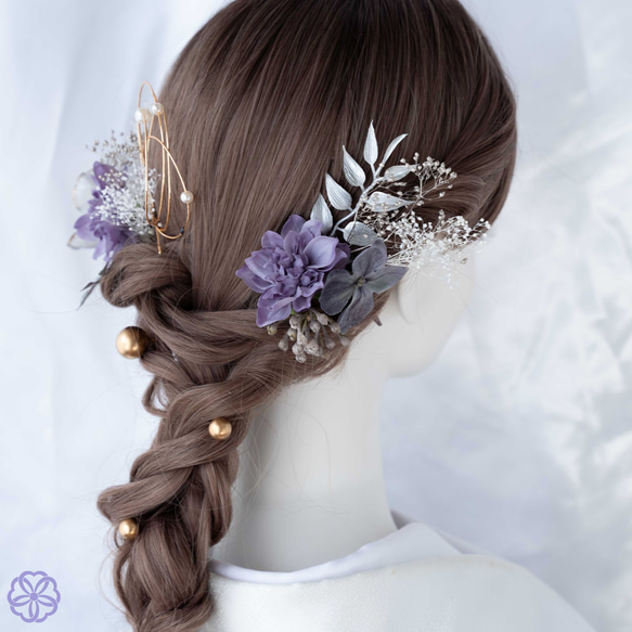 クリア×パープルグレージュの髪飾り　成人式　卒業式　結婚式　ヘアアクセサリー　着物　和装　振袖　紫 4枚目の画像