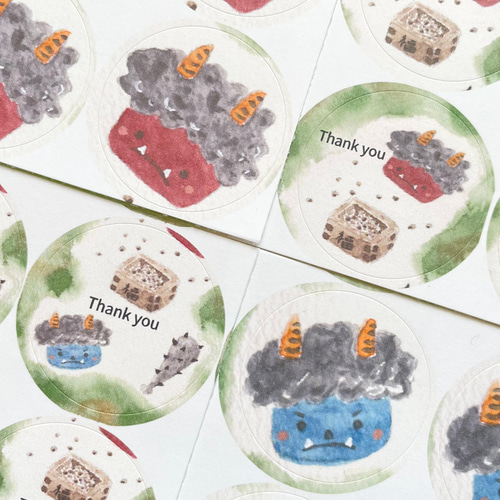 透明水彩画「節分 鬼シール」丸シール 48枚 豆まき 鬼退治 オニ おに