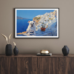 【地中海の海沿いの町・ブルドッグ犬 No.1】A2アートポスター 犬の絵 犬の絵画 犬のイラスト 8枚目の画像