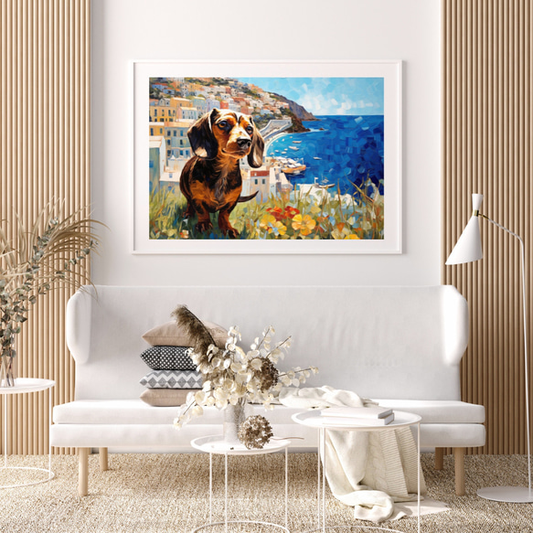 【地中海の海沿いの町 - ダックスフンド犬 No.1】A2アートポスター 犬の絵 犬の絵画 犬のイラスト 7枚目の画像