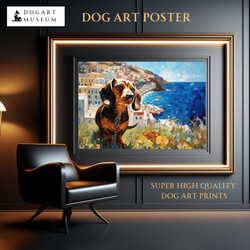 【地中海の海沿いの町 - ダックスフンド犬 No.1】A2アートポスター 犬の絵 犬の絵画 犬のイラスト 1枚目の画像