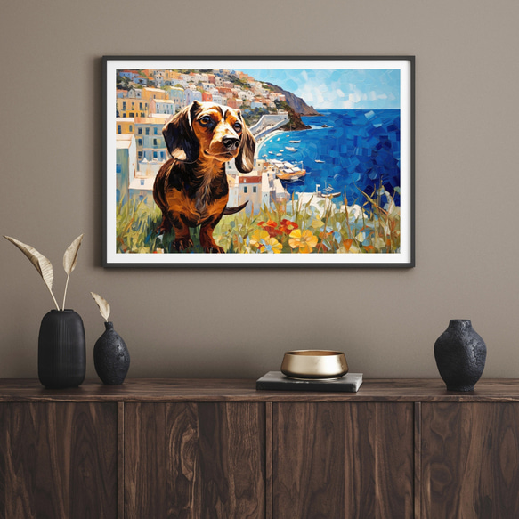 【地中海の海沿いの町 - ダックスフンド犬 No.1】A2アートポスター 犬の絵 犬の絵画 犬のイラスト 8枚目の画像