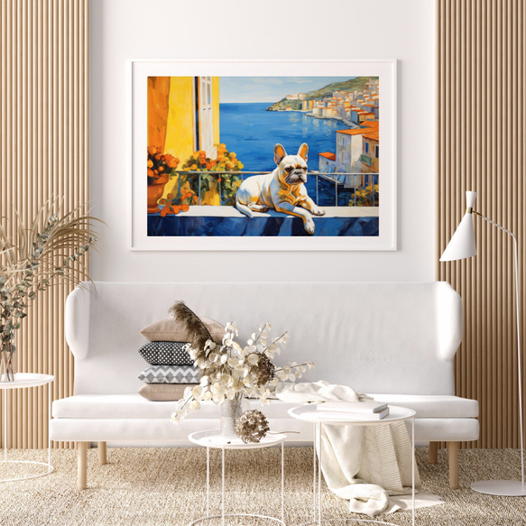 【地中海の海沿いの町 - フレンチブルドッグ犬 No.1】A2アートポスター 犬の絵 犬の絵画 犬のイラスト 7枚目の画像