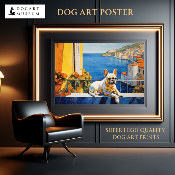 【地中海の海沿いの町 - フレンチブルドッグ犬 No.1】A2アートポスター 犬の絵 犬の絵画 犬のイラスト 1枚目の画像