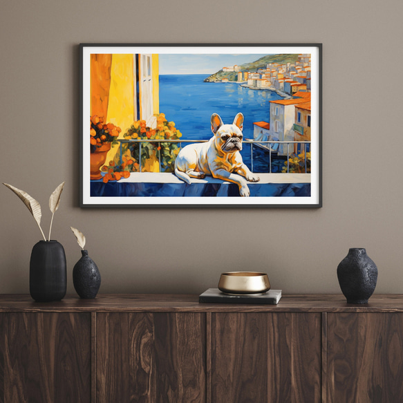 【地中海の海沿いの町 - フレンチブルドッグ犬 No.1】A2アートポスター 犬の絵 犬の絵画 犬のイラスト 8枚目の画像
